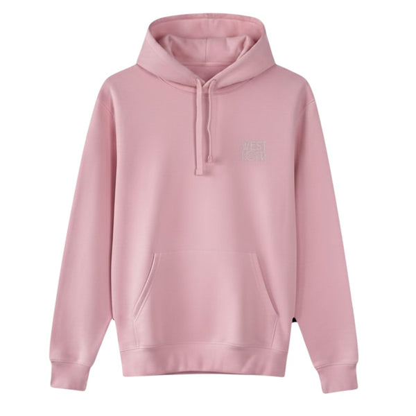 West Cork Folk pink organic cotton blend hoodie with kangaroo pocket and drawstring hood. Casual unisex fit.