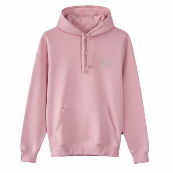 West Cork Folk pink organic cotton blend hoodie with a kangaroo pocket and embroidered logo on the chest.
