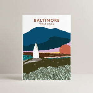 West Cork Folk Baltimore A4 print featuring a stylized coastal landscape with a white lighthouse, dark blue mountains, and a sunset.