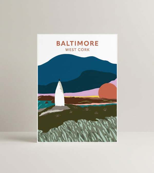 West Cork Folk Baltimore A4 print featuring a stylized coastal landscape with a white lighthouse, dark blue mountains, and a sunset.