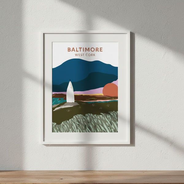 West Cork Folk Baltimore A4 print featuring a coastal landscape with a lighthouse, mountains, and sunset in vibrant colours on textured fine art paper.