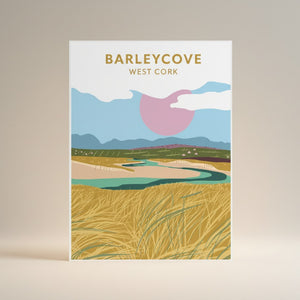 West Cork Folk Barleycove A4 print featuring a colourful landscape of sand dunes, a winding river, and a pink sun.