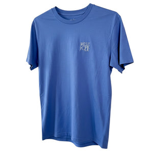 West Cork Folk blue organic cotton t-shirt with embroidered logo on chest. Classic crew neck, short sleeves, and a relaxed fit.