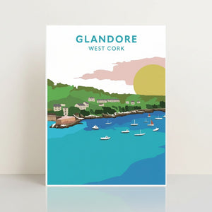 West Cork Folk Glandore A4 print featuring a colourful illustration of the harbour village with boats on turquoise water and green hills.