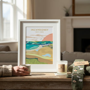 West Cork Folk Inchydoney A4 print featuring a colourful coastal landscape with sandy beach, turquoise waves, and green hills.