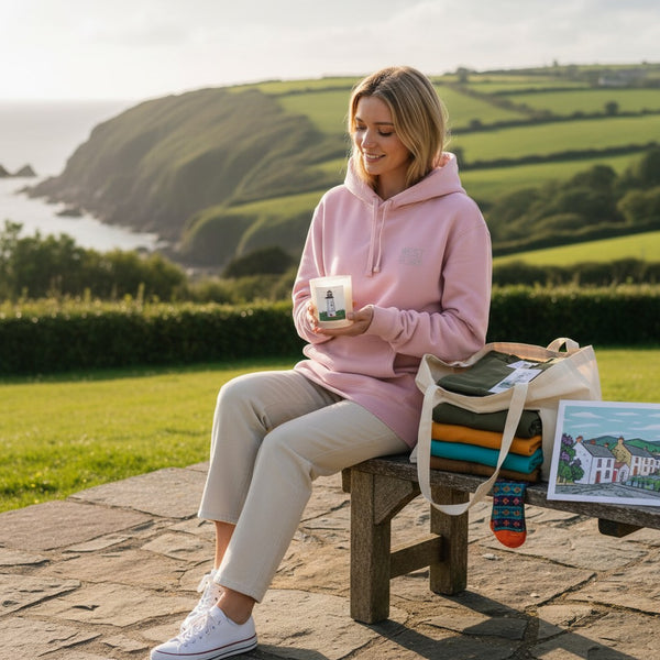 West Cork Folk pink organic cotton blend hoodie with kangaroo pocket and drawstring hood. Model wears size M.
